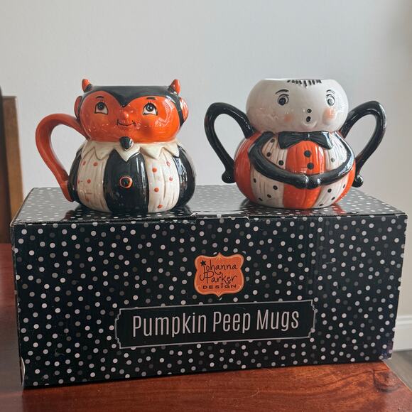 Johanna Parker Halloween Pumpkin Peep Mug Set Spider and Devil *NEW* - Picture 1 of 10